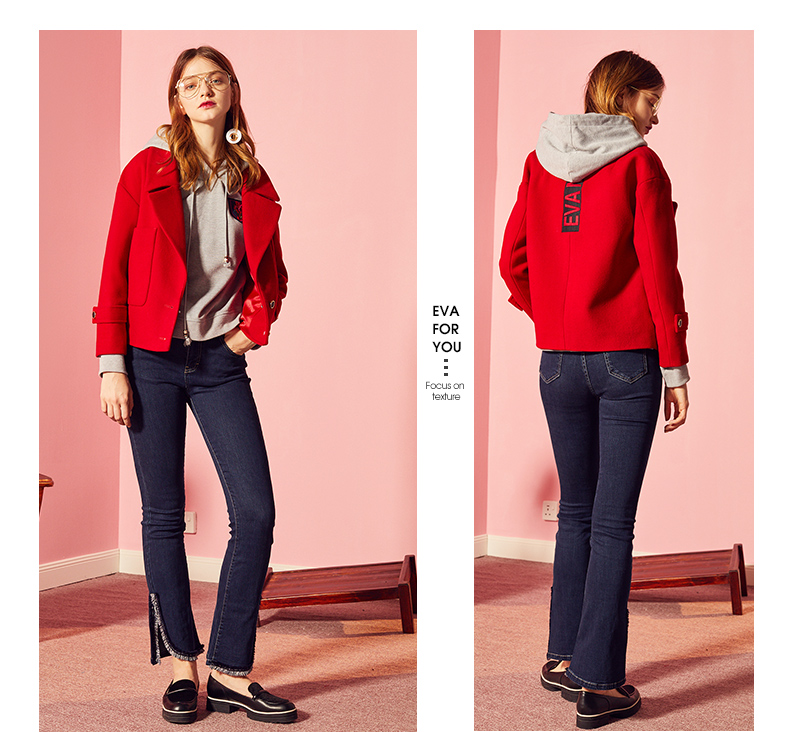 Yihua Ouyue mùa thu của phụ nữ mới ve áo túi đôi len ngắn áo len lông áo khoác len cardigan