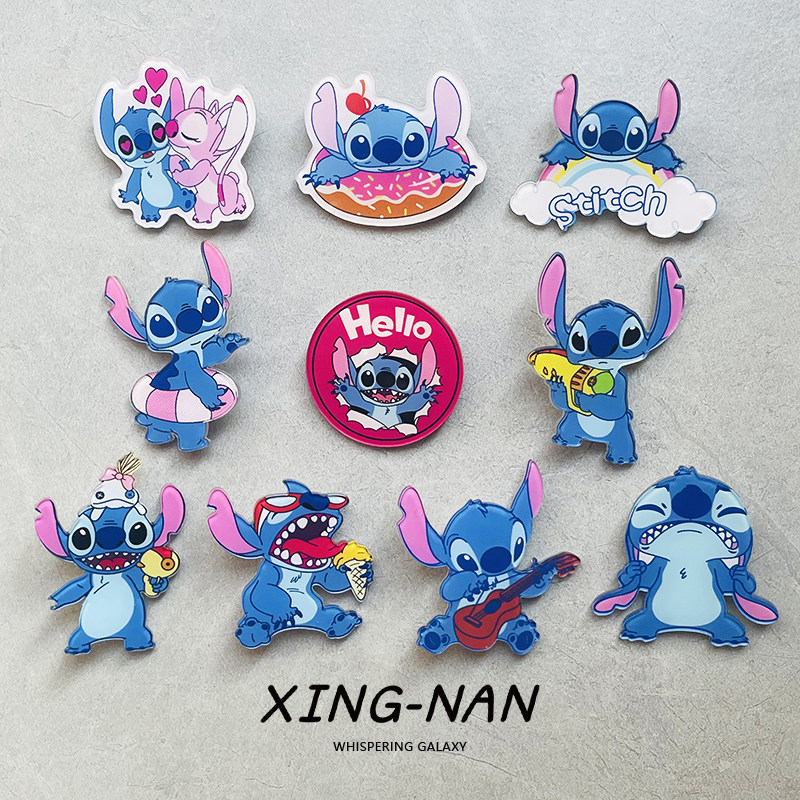 Cartoon Stitch badges, acrylic brooches, cute Lilo & Stitch anime merchandise, bags, clothes, and accessories.