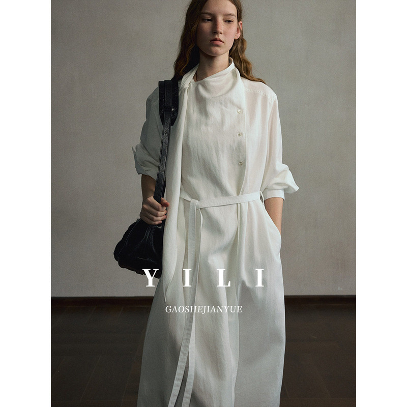 Yili / "Slightly Cool Rainy Night" Tencel Scarf with Ribbon and Diagonal Buckle Long Dress Windbreaker Jacket Autumn Yili / "Slightly Cool Rainy Night" Tencel Scarf with Ribbon and Diagonal Buckle Long Dress Windbreaker Jacket Autumn