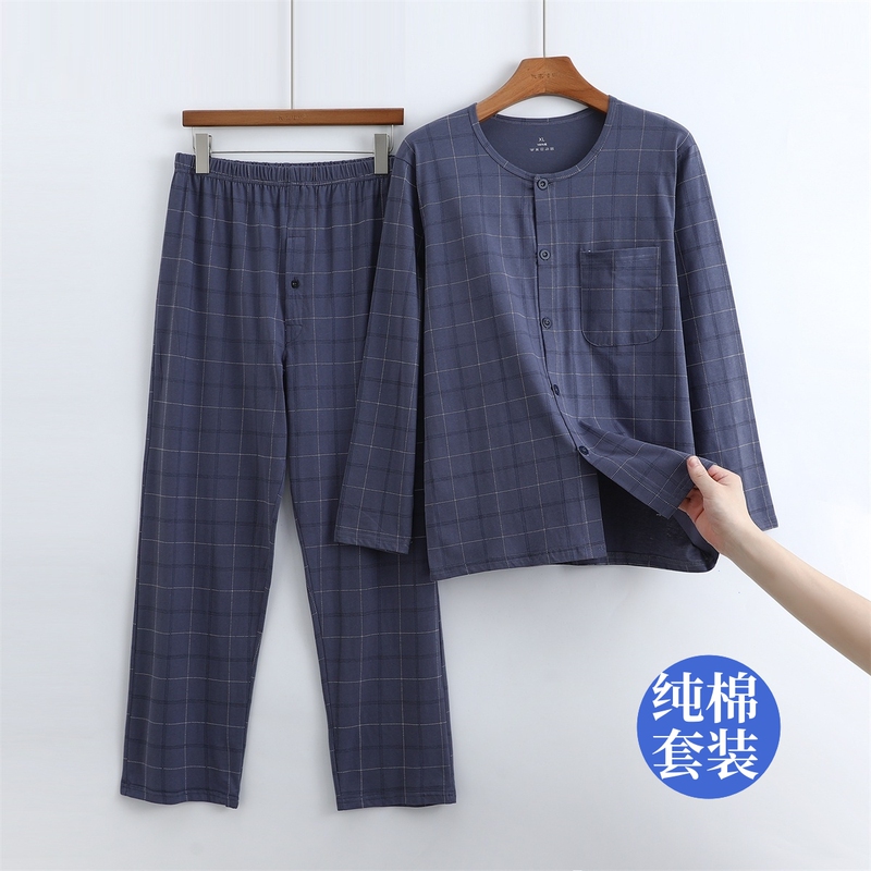 Middle-Aged and Elderly Men's Summer Thin Pure Cotton Cardigan Straight-Leg Pants Set, Dad's Round-Neck Pajamas, Grandpa's Air-Conditioned Home Wear