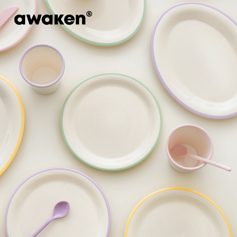 Korean Awaken Macaron-Colored Rimmed Round Plate Oval Plate Hand-Held Cup Simple Tableware Melamine Material Drop-Resistant