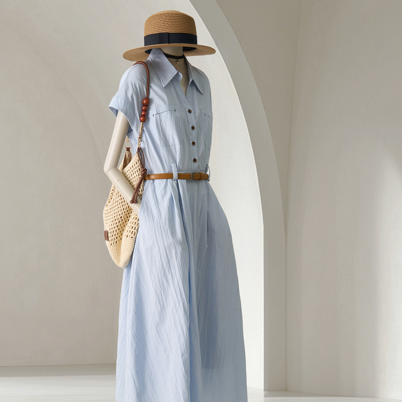 4U4U Light Blue Shirt Collar Waist-Cinching Long Dress for Women, Summer French Minimalist Style Versatile Slimming Commuter Dress 4U4U Light Blue Shirt Collar Waist-Cinching Long Dress for Women, Summer French Minimalist Style Versatile Slimming Commuter Dress