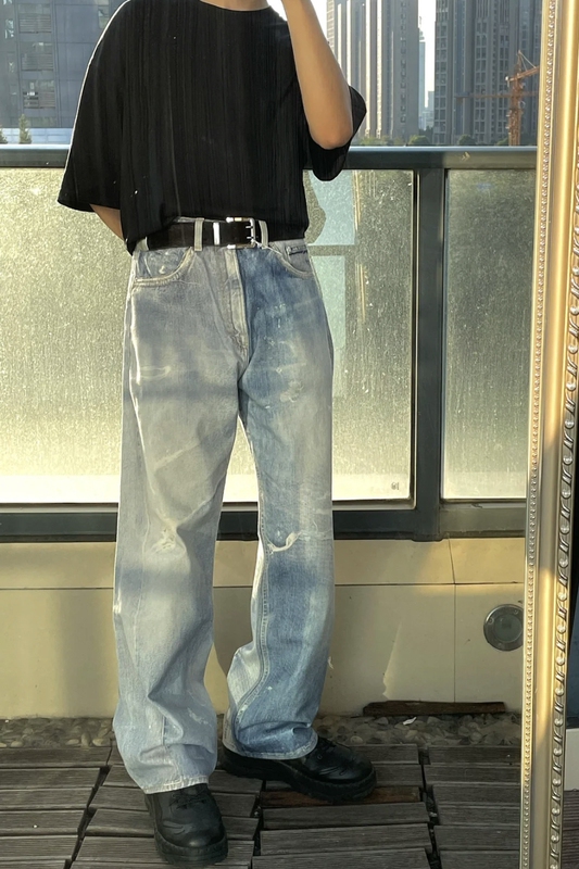 Ol Blue Digital Print Jeans, Washed and Distressed, Loose Straight-Leg Pants, Men'S, Same Style as Bai Jingting Ol Blue Digital Print Jeans, Washed and Distressed, Loose Straight-Leg Pants, Men'S, Same Style as Bai Jingting