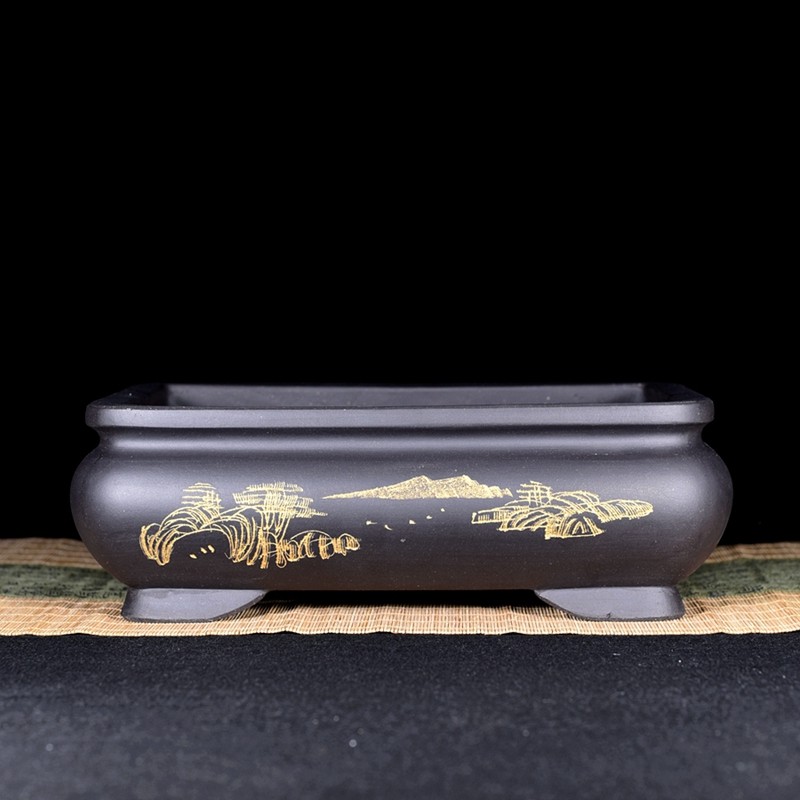 長方馬槽紫砂鉢 色絵釉水牡丹小葉勒竹盆 大盆栽 小盆栽 花盆花器紫砂花盆紫砂花盆手工長方形馬槽盆景盆金彈子多肉綠植