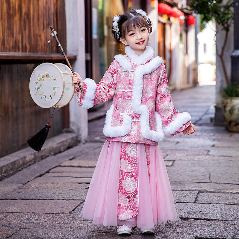 Next win girls New Year's dress cheongsam autumn and winter long sleeve children's clothing Chinese style Tang dress printing Hanfu thick suit