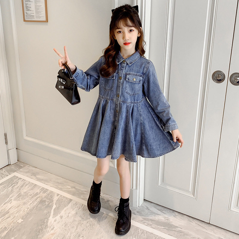 Next win girl denim skirt 2021 Spring and Autumn New Korean version of the middle and Big Boy foreign style English lapel dress