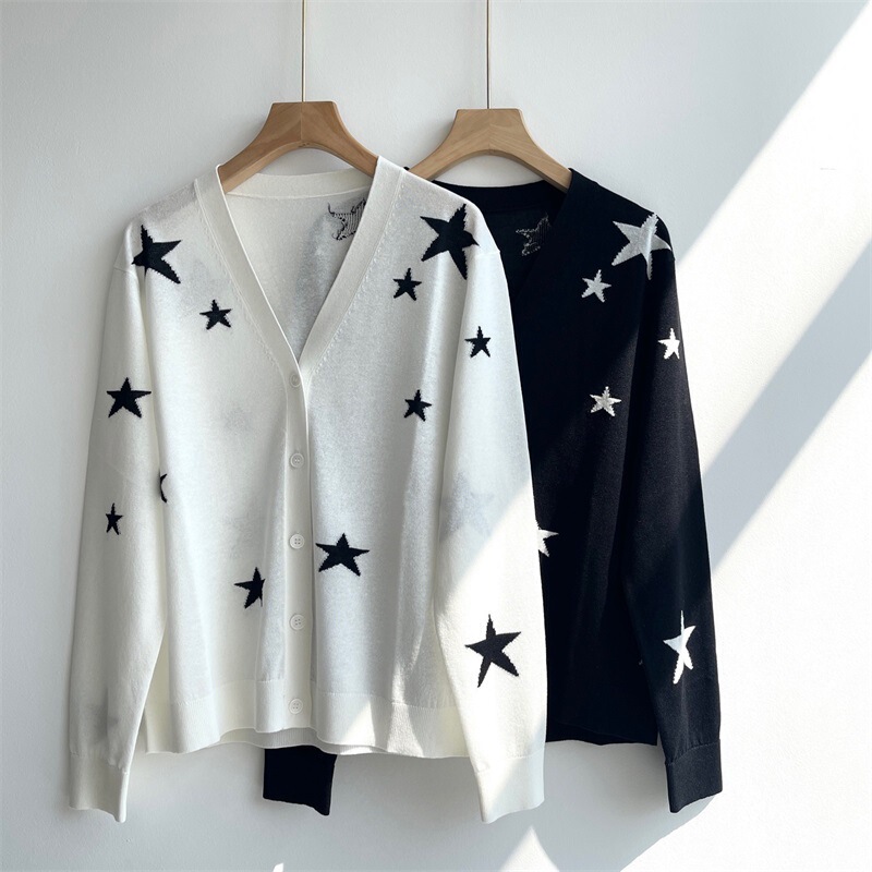 Spring and Summer Thin Button-Down Linen Knit Cardigan V-Neck Star Print Export Zv Brand Sweater Coat Long Sleeve Simple