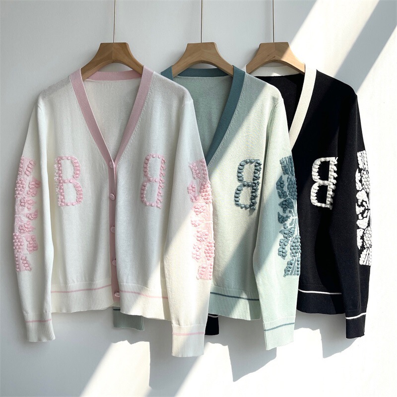 Ba Brand Color-Block Embroidered Letter Knit Cardigan, New Spring/Summer Style, Breathable Pure Linen Sweater Jacket Top
