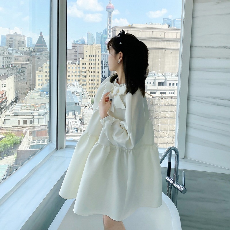 Puffy Dress for Women in Spring with Bow, Puff Sleeves, Loose Fit, Black and White Satin, French Style, Princess Doll Dress