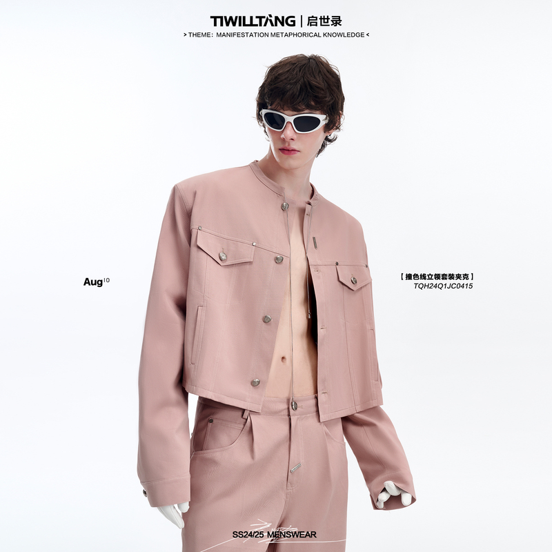 Qishilu Tiwilltang "Yiling Stain Marking" Small Stand-Up Collar Short Casual Jacket Set Men's Pink Coat Qishilu Tiwilltang "Yiling Stain Marking" Small Stand-Up Collar Short Casual Jacket Set Men's Pink Coat