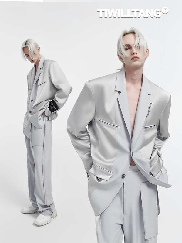 Qishilu Tiwilltang "Sacred Offering Ceremony" Silver-Gray Satin Patchwork Casual Suit