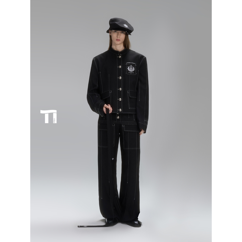 Tiwilltang "Dark Night Gentleman" Avant-Garde Asymmetrical Stand-Up Collar Badge Embroidered Jacket and Pants Set Tiwilltang "Dark Night Gentleman" Avant-Garde Asymmetrical Stand-Up Collar Badge Embroidered Jacket and Pants Set