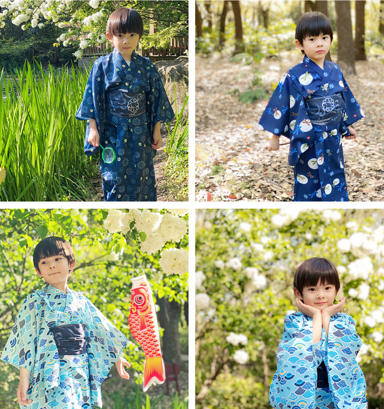 Free Shipping Japanese Boys' Anti-Wrinkle Formal Attire, Zensui Kimono Yukata with Belt, Children's Kimono Yukata for Boys, Japanese Style