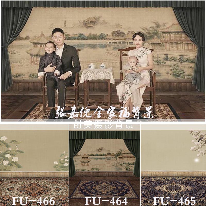 Zhang Jianyin Tongxiang Scenic Background Classical Qipao Background Ancient Wind A Family Of Three Full Family Fortune Photo Gallery Background