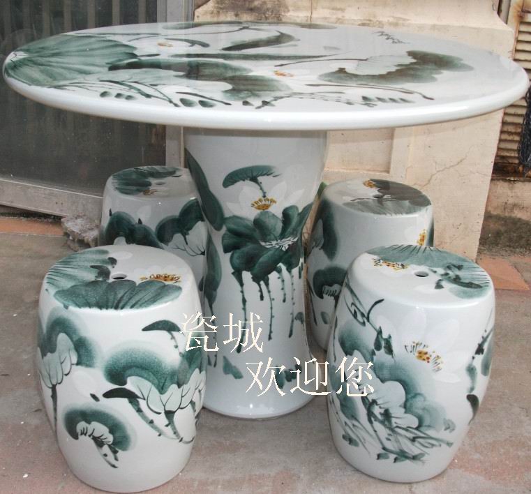 Jingdezhen bàn gốm ghế ngoài trời đồ nội thất patio bàn và ghế đặt sứ vẽ tay sen đá bảng đá băng ghế dự bị