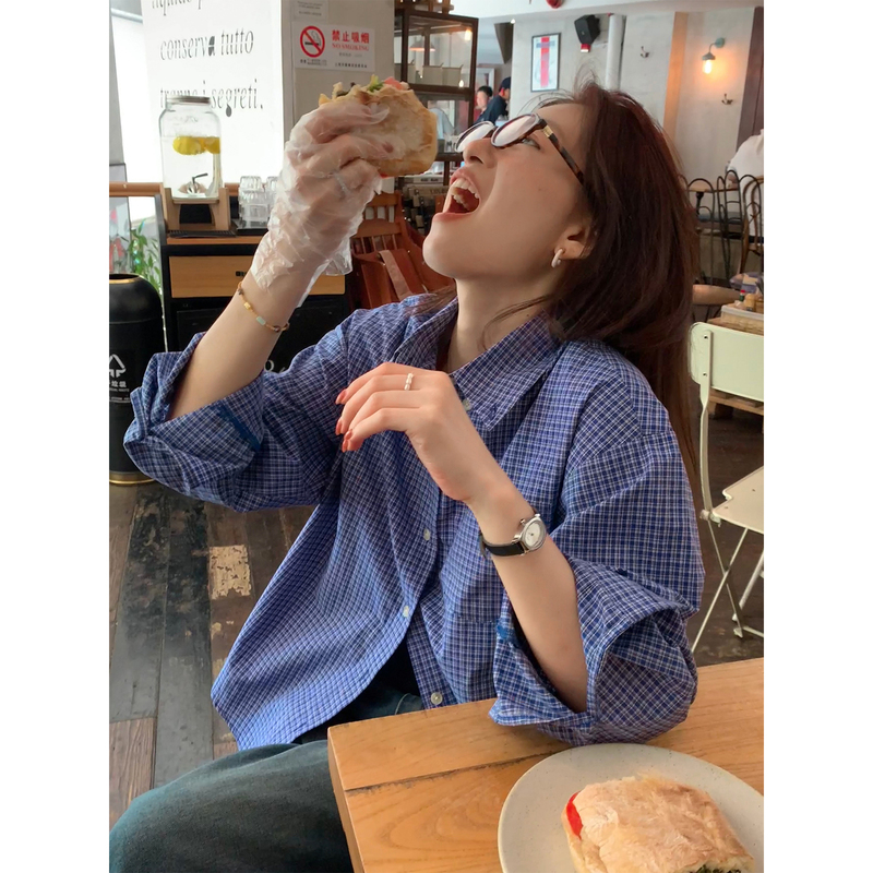 Sicilian Korean-Style Textbook ~ All-Cotton Vintage Blue Plaid Shirt for Petite Women, Casual Layered Shirt