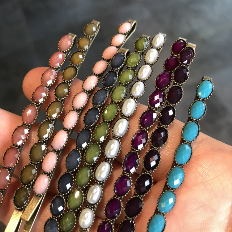 Flashing all-match without pulling hair South Korea imported slender and long version of gem bead beads one-word clip hairpin browse the seaside clip