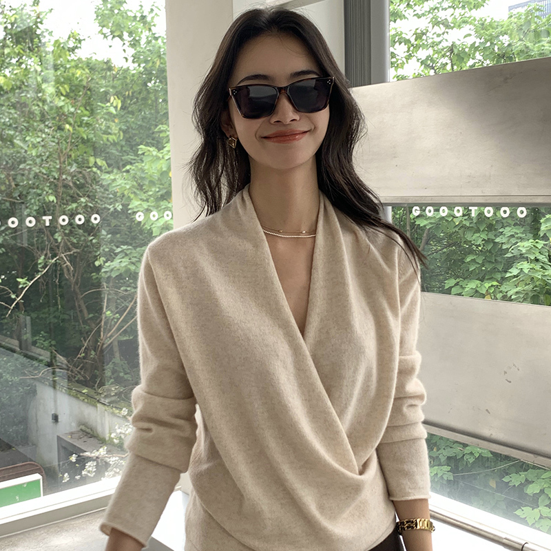 V-Neck Cashmere Sweater for Women, Autumn and Winter, Solid Color, Loose Pullover Sweater with Cross Design, Knitted Wool Base Shirt