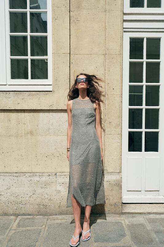 M Yue July Zara Domestic Genuine Product Purchasing Agent 7625/574 Women's Round Neck Mesh Midi Dress 7625574