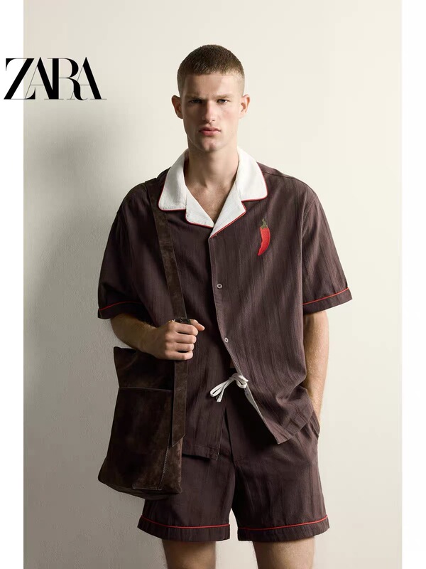 July Zara Domestic Genuine Product Purchasing Agent 7200/324 Men's Chili Pepper Embroidery Loose Shirt 7200324