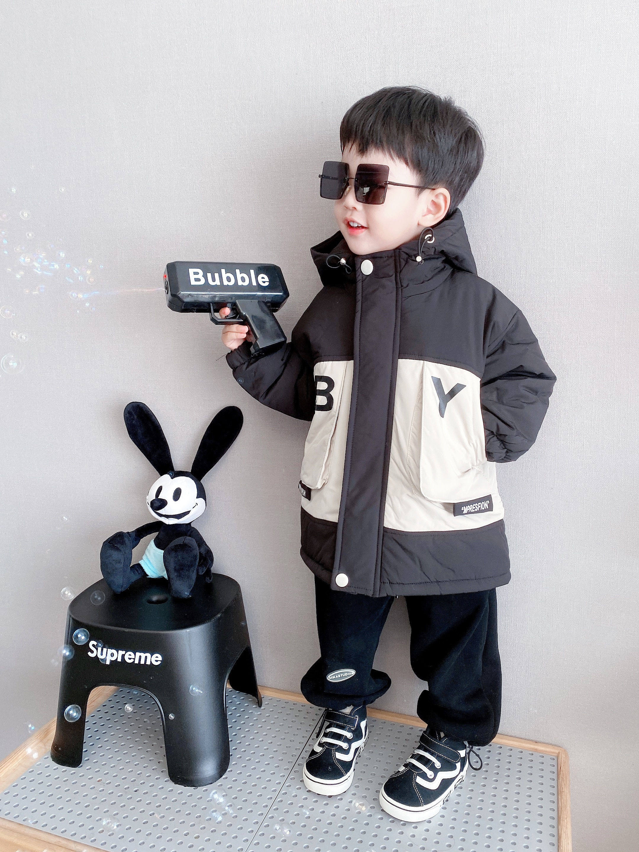 (Color-blocking cotton clothes) Children's autumn and winter warm hooded mid-length cotton jacket
