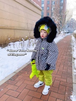 (fox fur collar cotton clothing) Childrens winter warm black and white Gloaf Chessboard Grid Big Fur Collar Jacket
