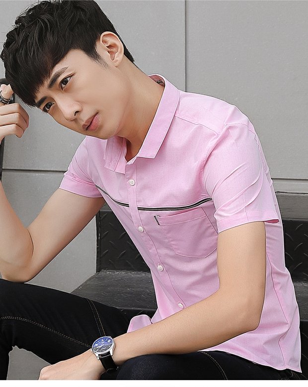 Mùa hè túi áo sơ mi nam màu rắn ngắn tay không sắt quần áo giản dị Áo sơ mi Hàn Quốc áo sơ mi quần áo thủy triều nam áo sơ mi nam cổ trụ