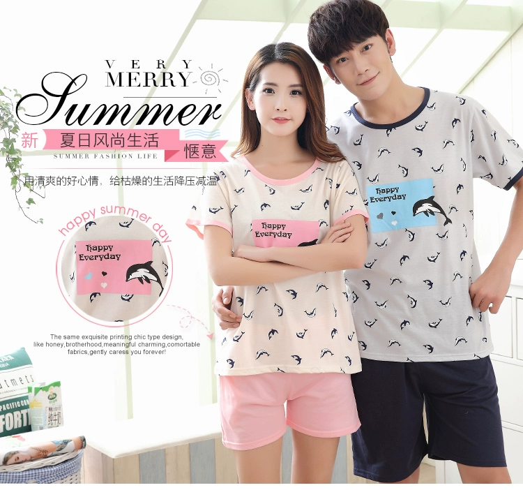 Mùa xuân và mùa thu Hàn Quốc bộ đồ ngủ ngắn tay cotton nam phục vụ nhà mùa hè phụ nữ dễ thương hoạt hình mỏng phù hợp