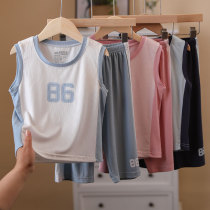 Childrens threaded vest shorts set five-point pants home clothing set summer boys and girls Korean sports two-piece set
