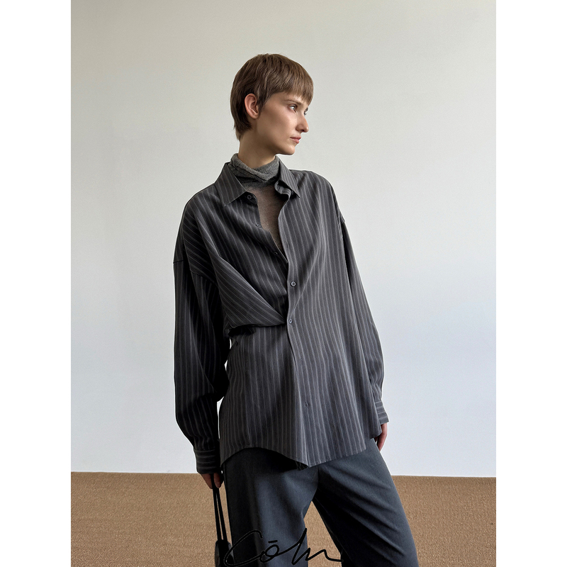 The Gray of the Coln Gray and White Striped Shirt with Diagonal Placket Is the Shadow of a Cloud Passing By, and the White Is the Gap Where Light Stops