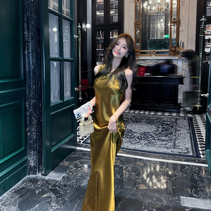 Lugao Gao·Qingxu French-Style Acetate Satin Camisole Dress for Women, New Summer Model, Waist-Cinching, Elegant Long Dress