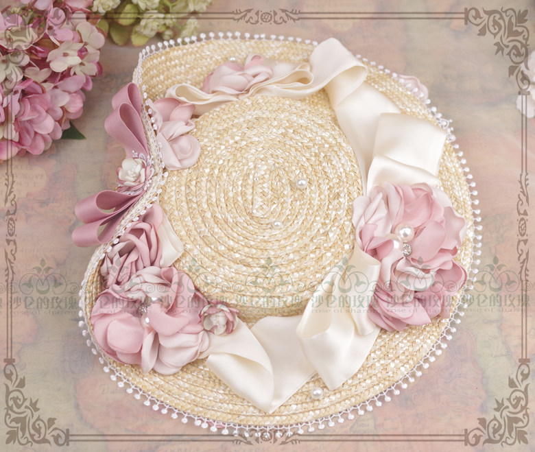 Original * French rose * flowers pearl satin with small flat hat straw hat Lolita head decorated with Han Chinese eclectic