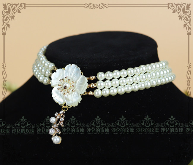 Original * FLOWER WITHOUT II* Bcarved flowers three rows of pearls choker neck accessories-Classical Lolita accessories