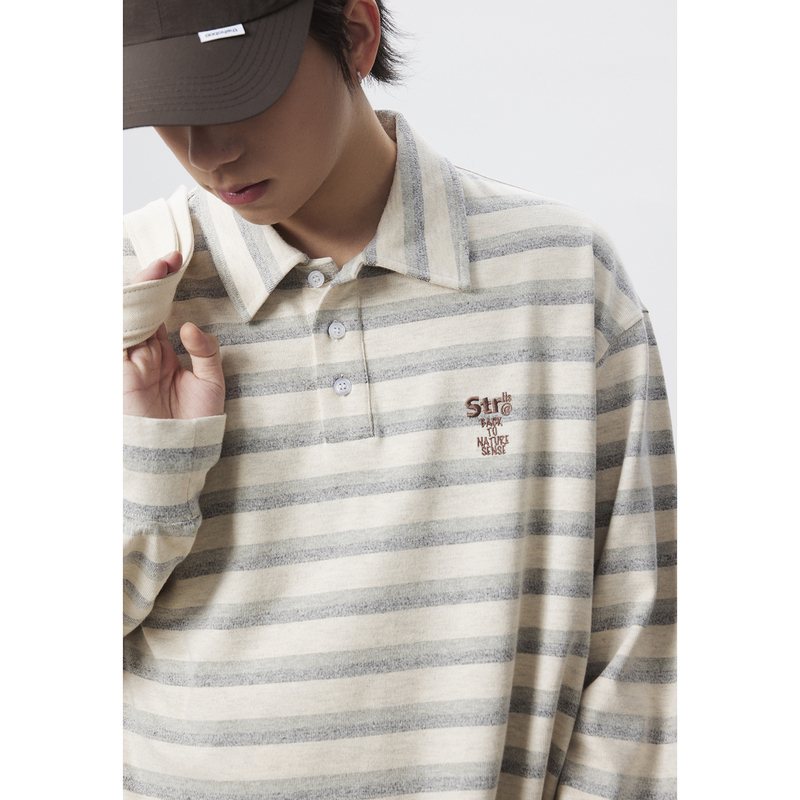 Striis 25Aw Striped Long-Sleeve Polo Shirt for Men and Women, Retro Couple Casual Lapel T-Shirt, Loose Top