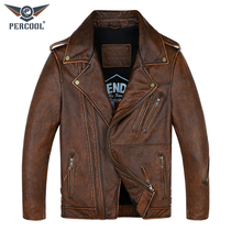 Genuine Leather Leather Clothing Male turnover Inclined Zipper Head Layer Bull Leather Youth Sashimi Short riding locomotive Leather Jacket Jacket Jacket