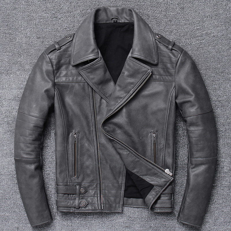 Real leather leather clothing male capsized cable-stayed necklace head layer Bull Leather Jacket Grey Vintage Motorcycle Riding Suit Jacket Tide