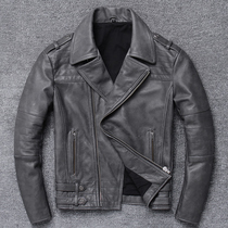 Real leather leather clothing male turning over inclined zipper head layer Bull Leather Jacket Grey Retro Moto Locomotive Riding Jacket Tide