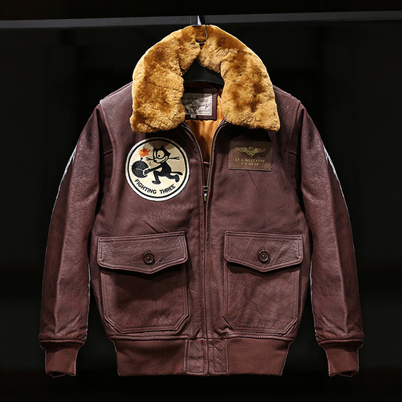 Air Force G1 Pilot Jacket for Men, First-Layer Cowhide with Lamb Fur Collar, Short Motorcycle Genuine Leather Jacket