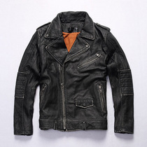 Harefur Coat Men Genuine Leather Head Layer Bull Leather Turnover cable-stayed chain swarm with short retro Locomotive Riding Suit Jacket Tide