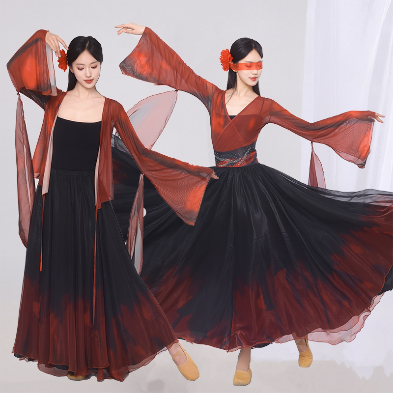 Classical Dance Clothing for Women, Chinese Style, Elegant Han Dynasty, Black and Red, Double-Layered Large Swing Skirt, Fairy Ancient Style Practice Test Repertoire Clothing