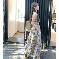 Ashy Snow ink Tencel V-neck suspender skirt niche design printed dress high-end long skirt summer
