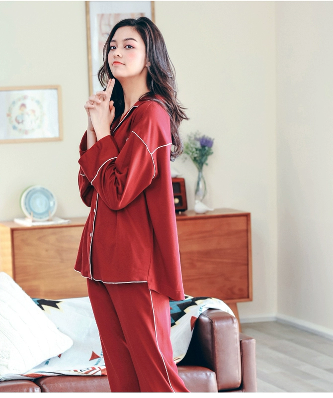 An Chi với đồ ngủ mùa thu cotton của phụ nữ thời trang cardigan dài tay quần dài phiên bản Hàn Quốc của hai bộ đồ dịch vụ gia đình