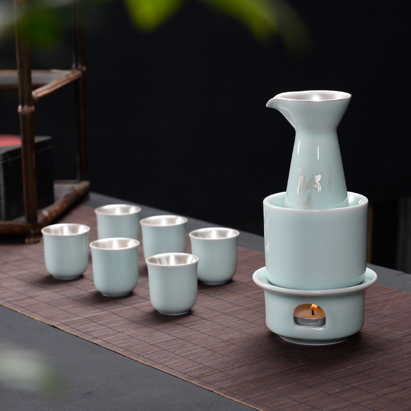 Foot silver 999 sterling silver wine set set Longquan celadon liquor Japanese ceramic boiled wine heating wine pot yellow wine glass