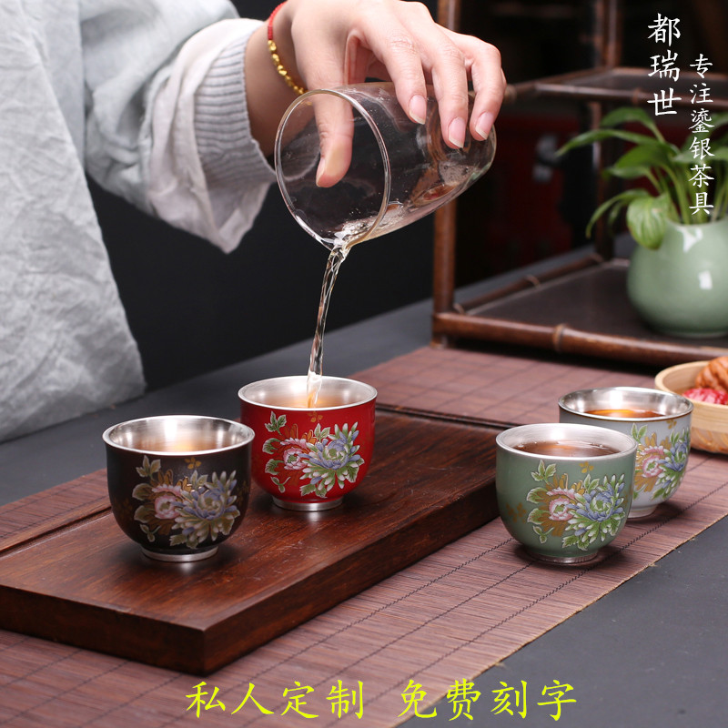 Silver cup sterling silver 999 cup ceramic peony kung fu tea set liner gilt cup master cup tea cup tea cup