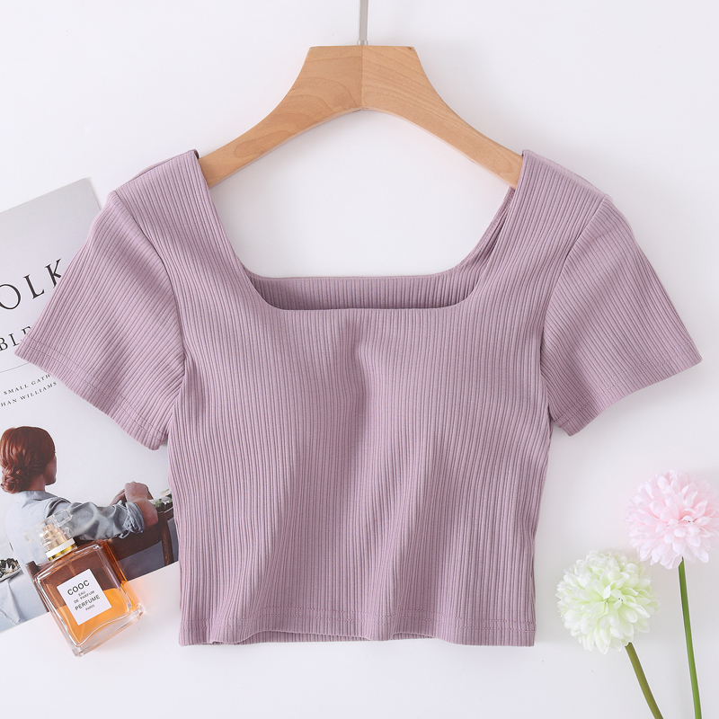 Cup-Integrated, Midriff-Baring Short-Sleeved T-Shirt, Pure Cotton, Women's Summer Top with Chest Pads, No Need to Wear a Bra, Square Neck, Outerwear, Half-Sleeve Shirt