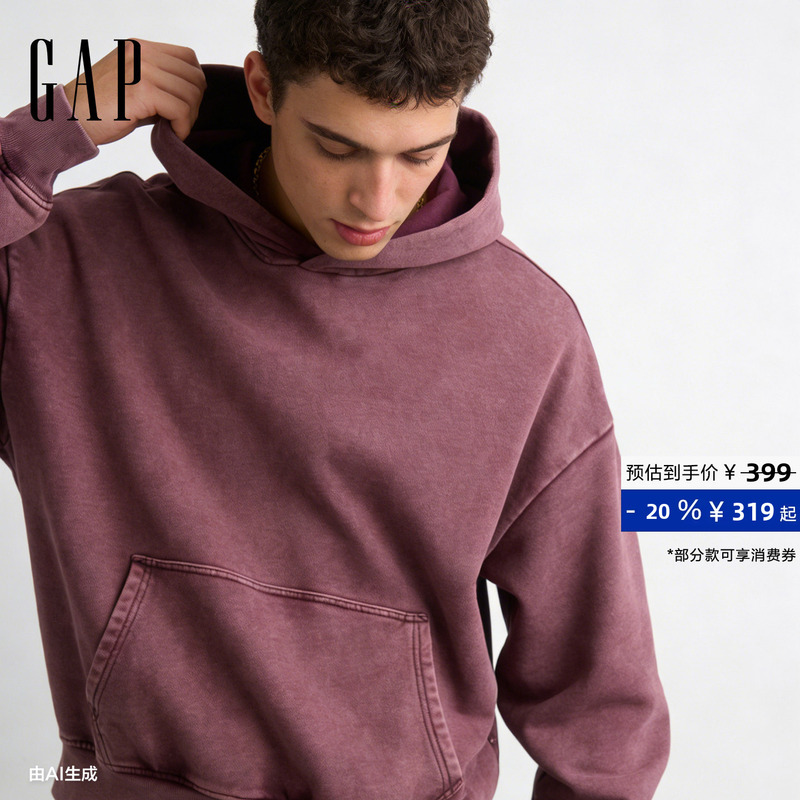 [Cheng Yi Endorsement] Gap Men's and Women's Clothing Autumn New Heavyweight Brushed Fleece Washed Hooded Sweatshirt 821270