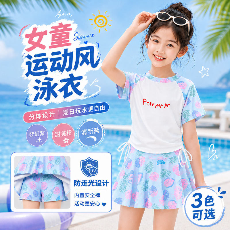 Children's Swimsuit Girls' Short-Sleeved Split Skirt Pants Set with Safety Pants Swimming Pool Training Seaside Vacation Swimwear Children's Swimsuit Girls' Short-Sleeved Split Skirt Pants Set with Safety Pants Swimming Pool Training Seaside Vacation Swimwear