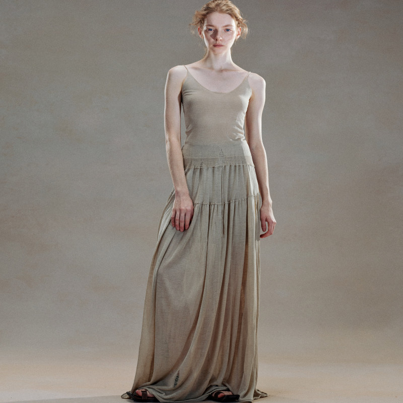 [Ready Stock] Circulation Beige Silk Knitted Cut Out Camisole/Pleated Drawstring Skirt