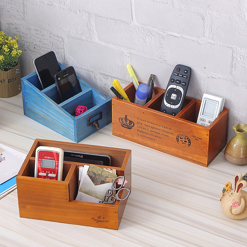 Retro Putting Key Pen Makeup Brush Remote Control Trig Containing Box Wood Box Checkered Desk Face Desk Dressing Table