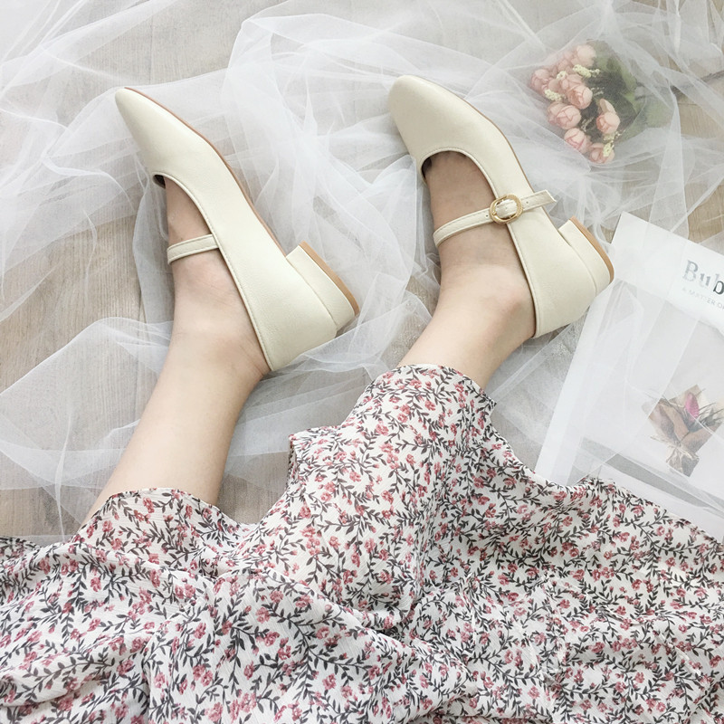 Retro Small Square Toe Buckle White Fairy Shallow Mouth Mary Jane Granny Shoes Women's Flat Bottom Internet Celebrity Low Heel All-Match Models